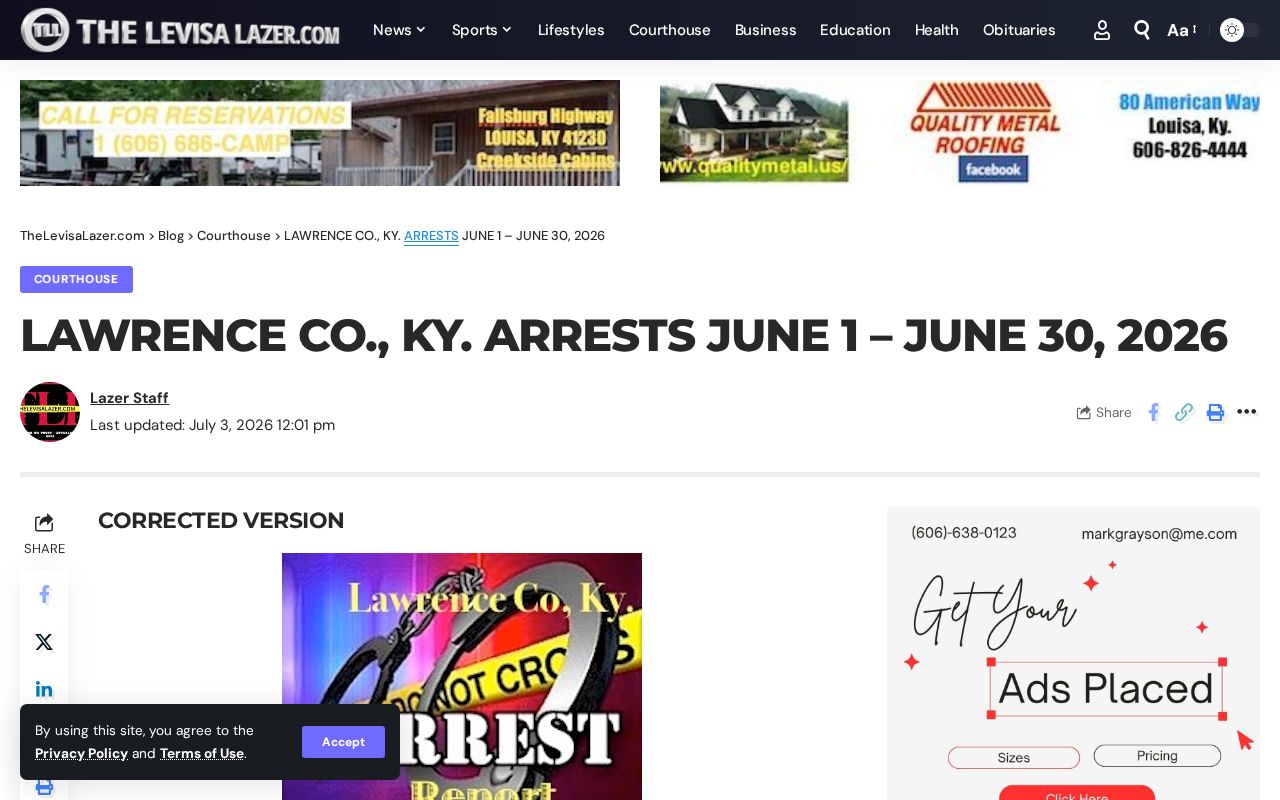 Levisa Lazer dated Lawrence County arrest report and mugshot news page